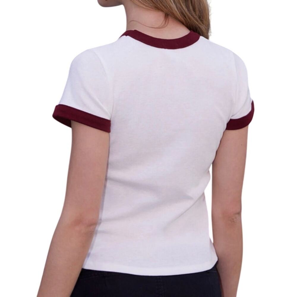 John Galt Brandy Melville Hailie 14 Ringer T-shirt White & Burgundy One Size - Picture 2 of 6